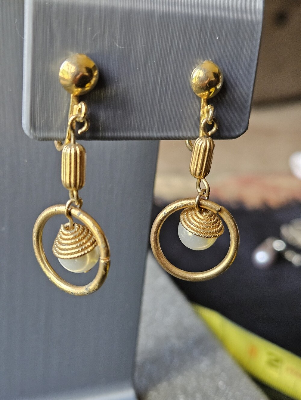 Vintage Gold Tone Dangle Hoop Earrings with Pearl Accent - Women Jewelry